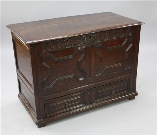 A 17th century oak mule chest, W.3ft 4in. D.1ft 9in. H.2ft 5in.